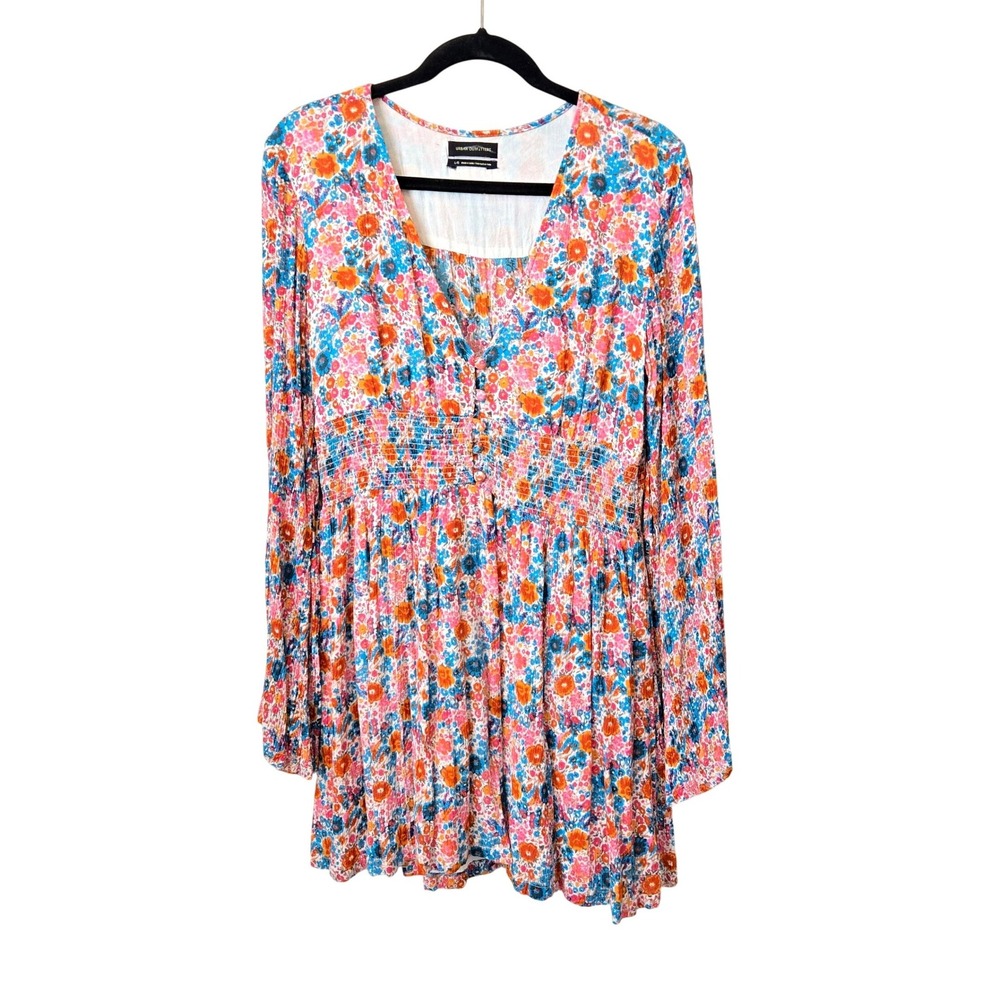 Urban Outfitters Floral Mini Dress Bell Sleeve V-Neck LG, Boho Western Indie 70s